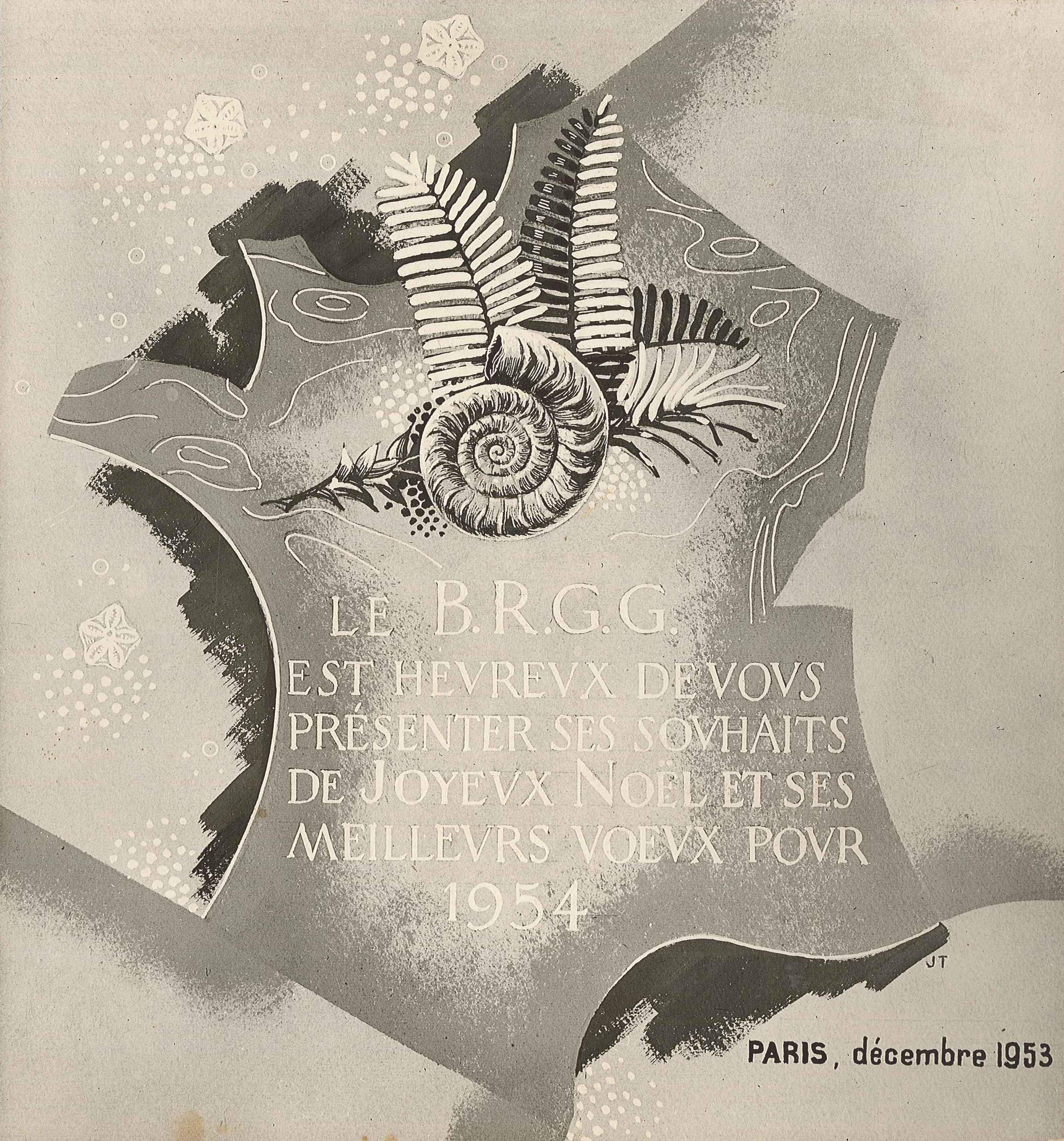 Carte de voeux datant de 1954, lors de la création du BRGG (Bureau de recherches géologiques et géophysiques), l'un des ancêtres du BRGM (Paris, 1953).