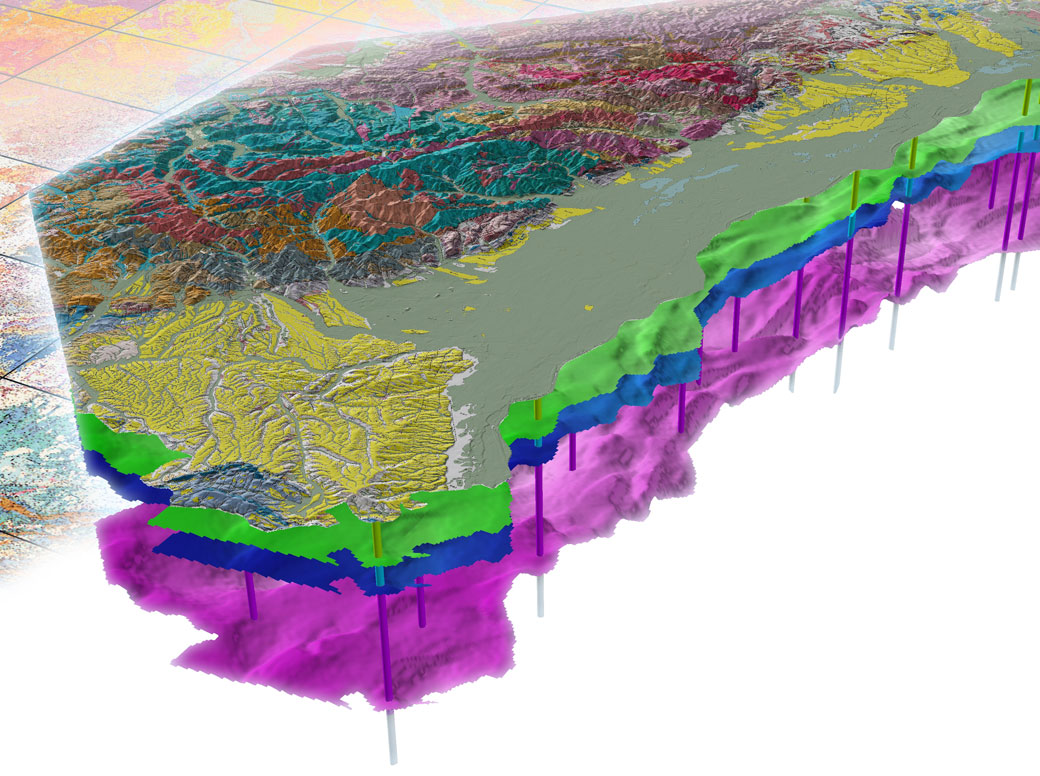 Vue en 3D vers le sud-ouest de la plaine d’Alsace et du massif des Vosges dans le cadre du démonstrateur Vosges-Fossé Rhénan, pour le Référentiel géologique de la France (Alsace, 2013). 