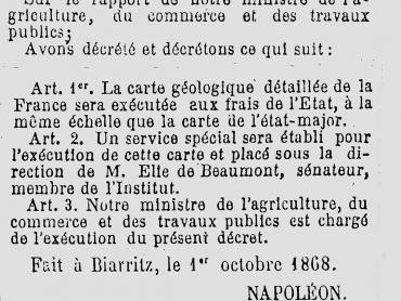 Décret de création du Service de la carte géologique, 1868.