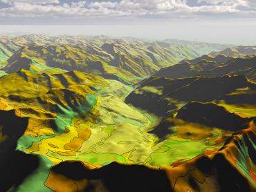 Extrait de la carte géologique RGF (Référentiel géologique de la France) des Pyrénées à 1/50 000 drapée sur modèle numérique d’altitude (Pyrénées, 2015).